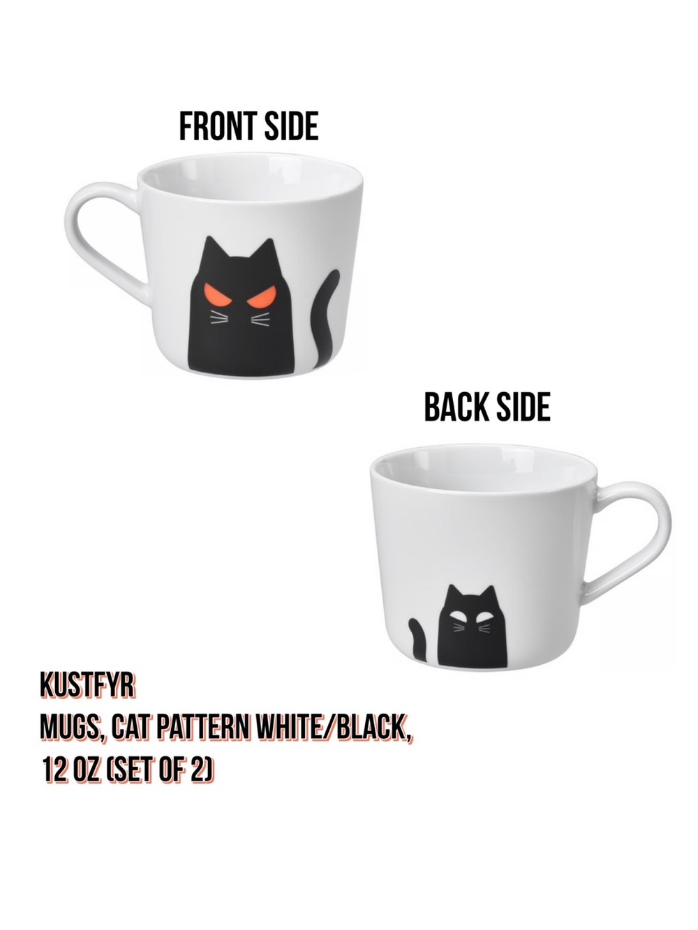 Black Cat White Ceramic Mug - 12 oz (Set of 2)